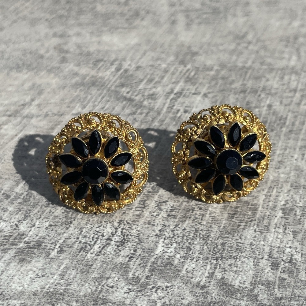 Vintage Gold Tone Filigree Black Stone Statement Earrings